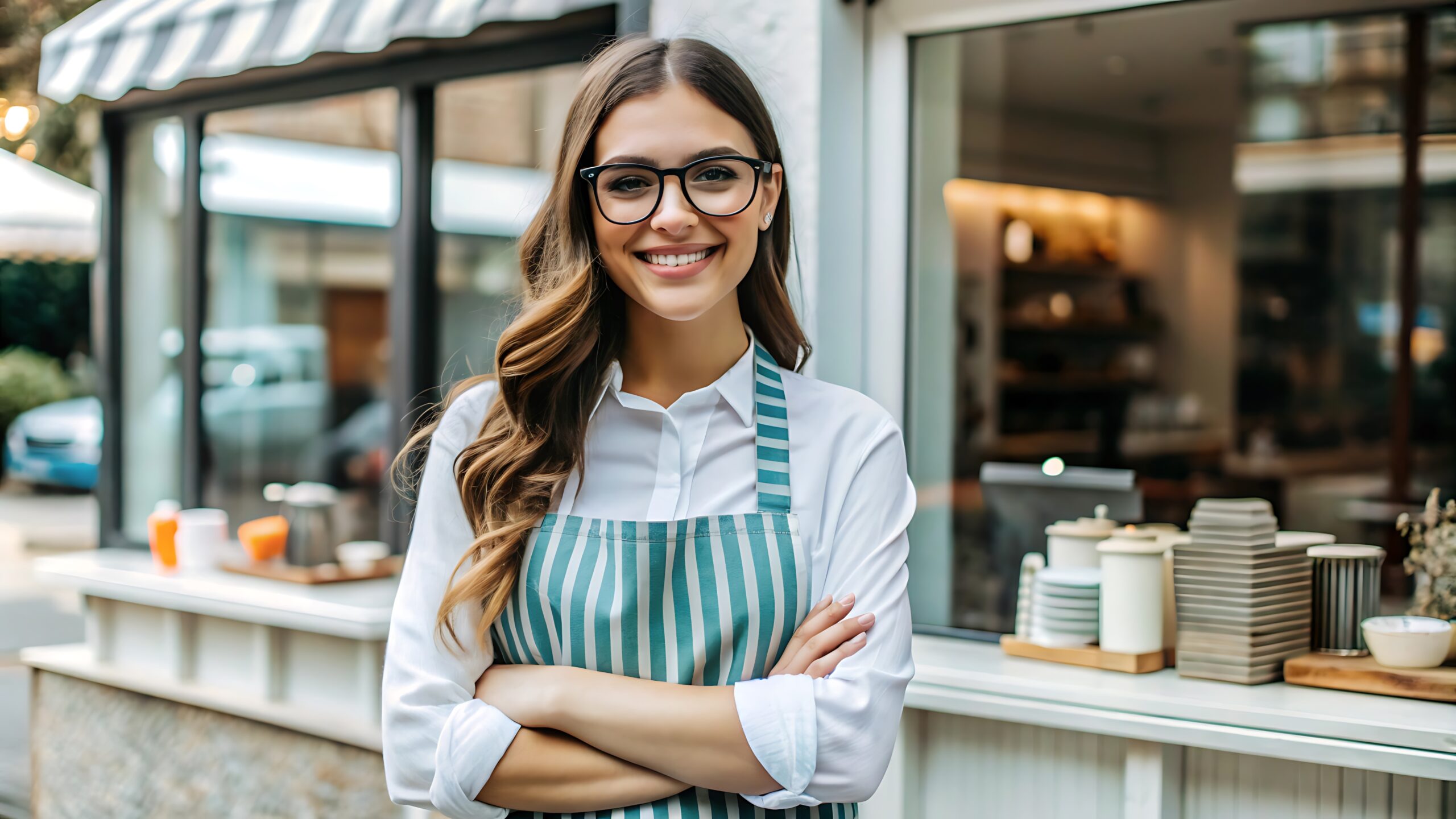 Smiling woman in an apron stands confidently outside a cafe, with kitchenware displayed on the counter behind her, embodying a welcoming atmosphere.